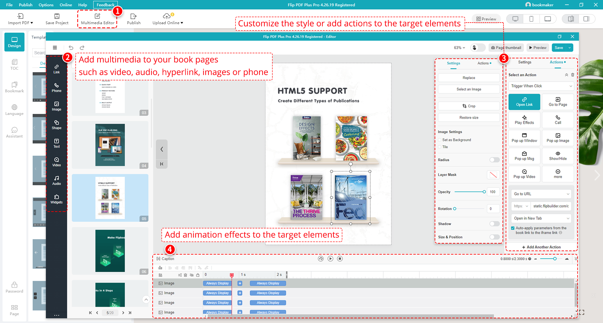Редактор мультимедиа Flip PDF Plus Pro с панелью элементов и временной шкалой