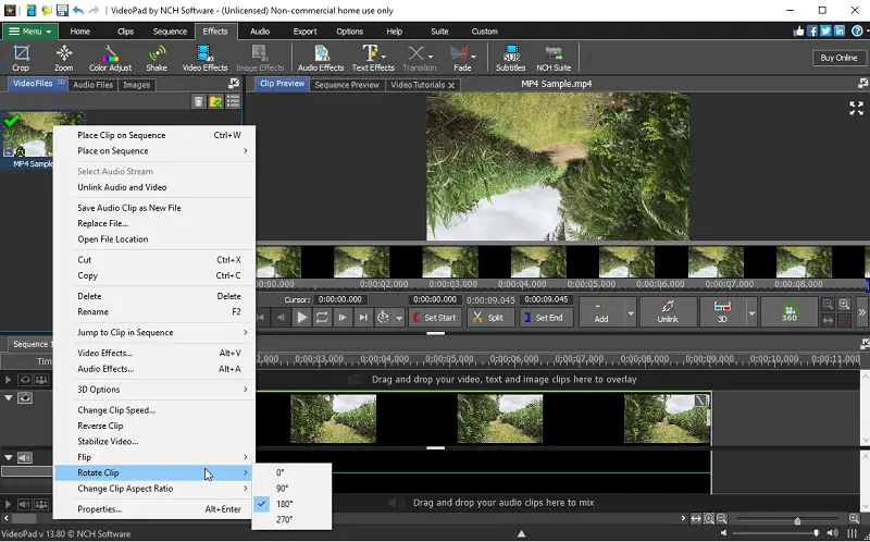 VideoPad Video Editor с открытым эффектом Rotate