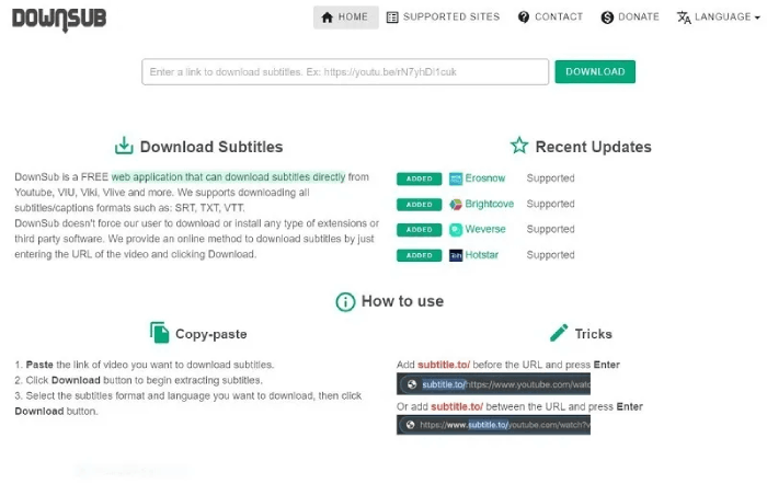 Интерфейс DownSub со списком доступных дорожек