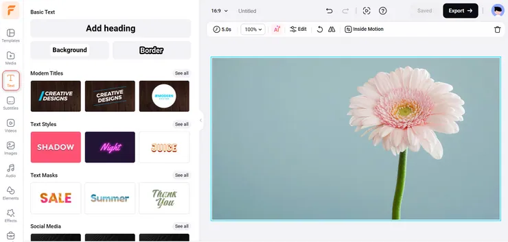 Редактор FlexClip с панелью Text