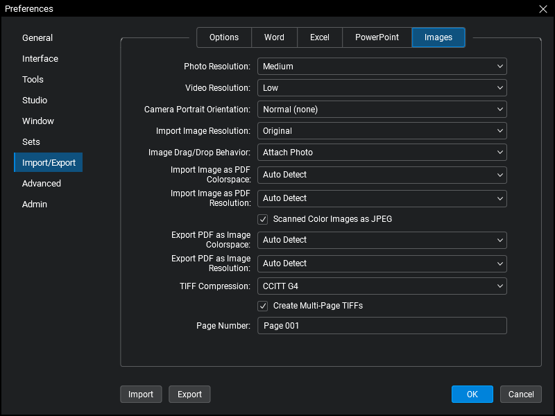 Настройки экспорта изображений и multipage TIFF в Bluebeam Revu