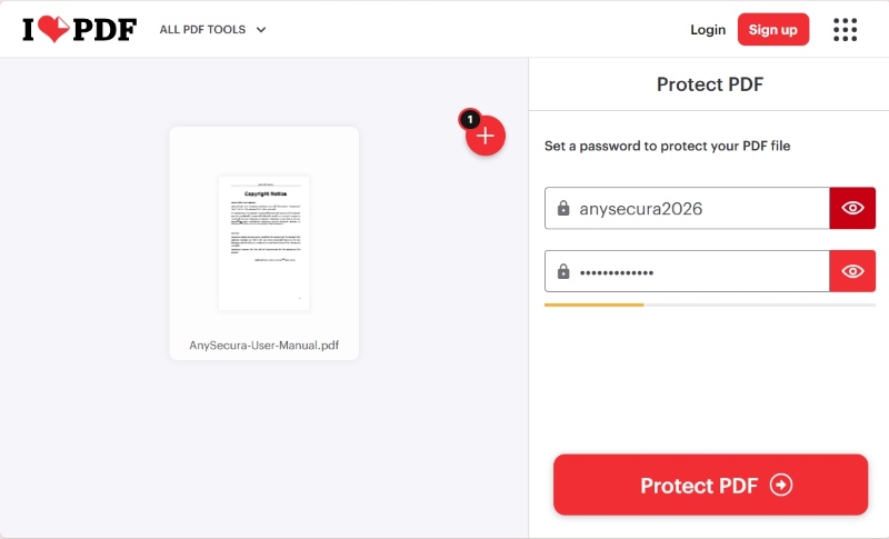 iLovePDF Protect PDF: файл, пароль, подтверждение и кнопка Protect PDF