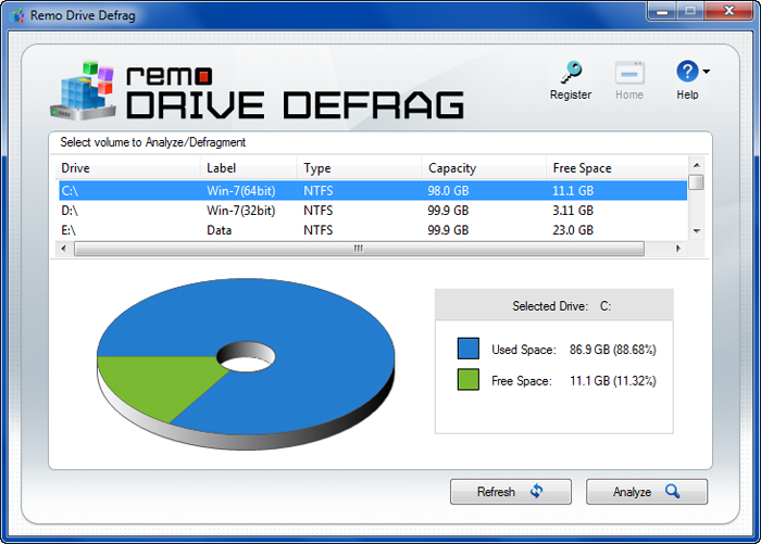Главное окно Remo Drive Defrag с выбором диска и Analyze