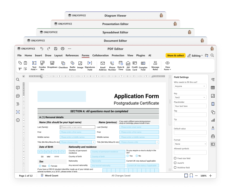 Интерфейс ONLYOFFICE PDF Editor с открытым PDF-документом