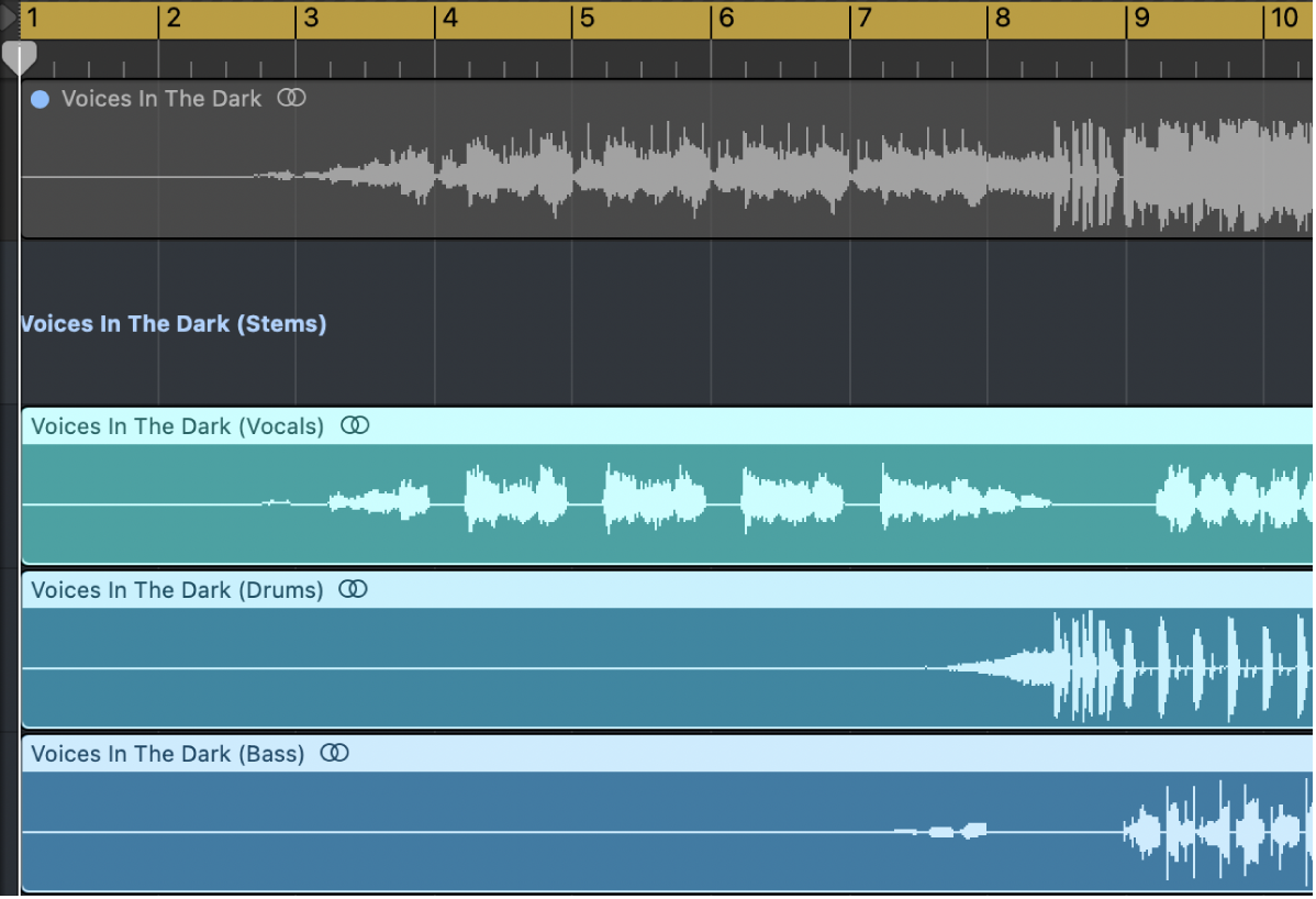 Отдельные стемы после Stem Splitter в Logic Pro