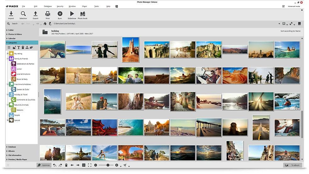 Главное окно MAGIX Photo Manager Deluxe со светлой темой, миниатюрами, категориями и панелью быстрых действий