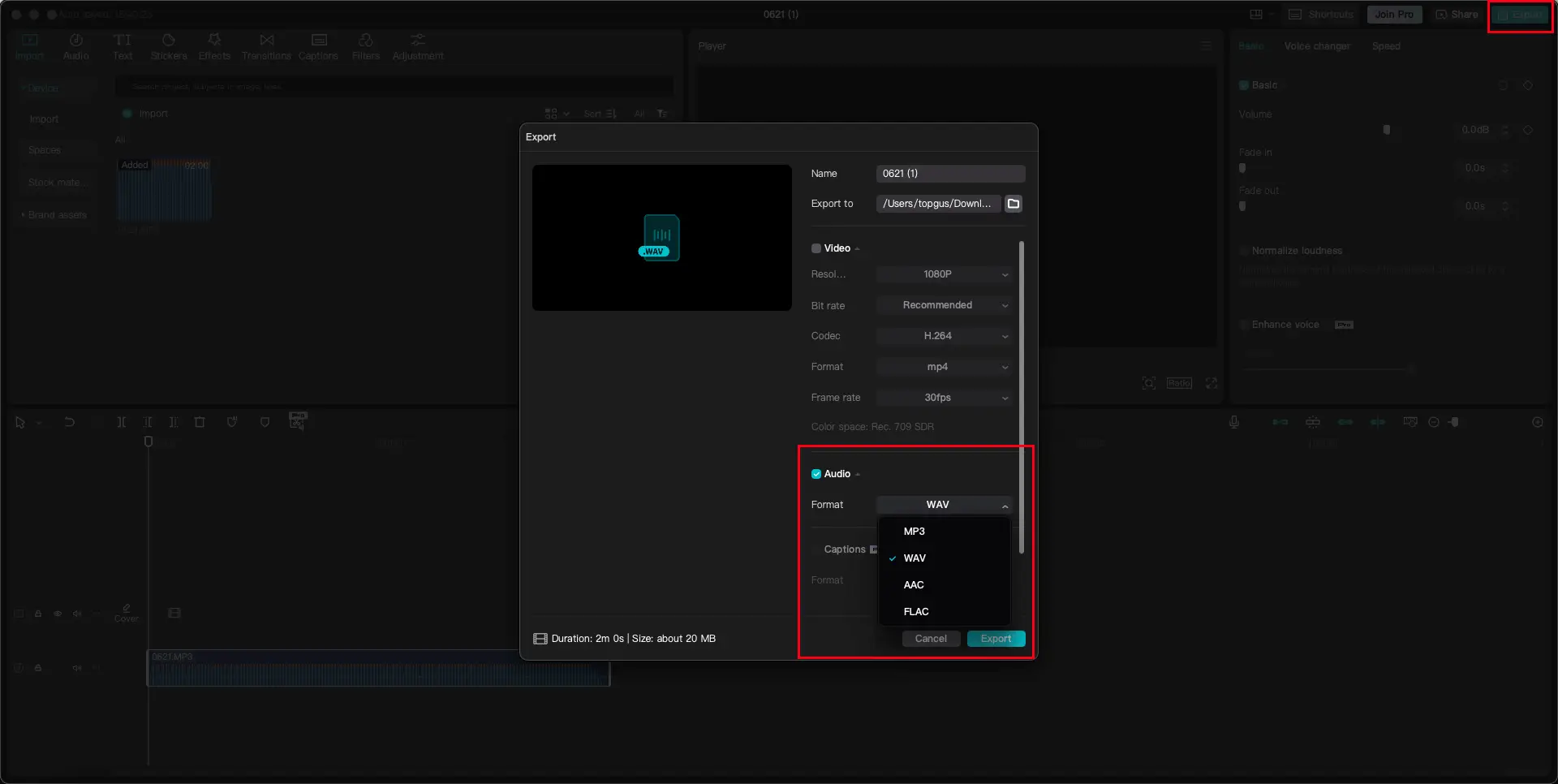 Экспорт WAV из CapCut Desktop