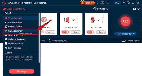 Выбор Game Recorder в AnyRec