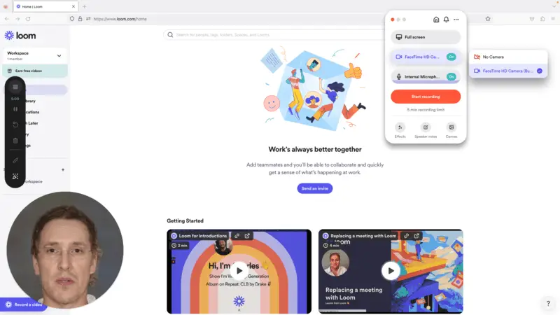 Панель Loom с выбором камеры и микрофона