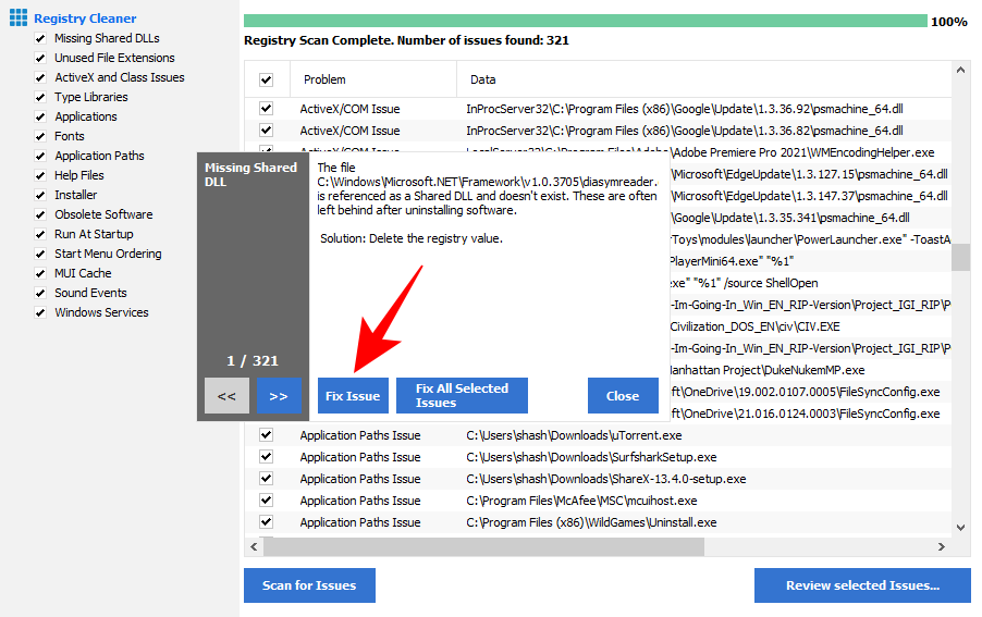 Просмотр одной найденной проблемы в CCleaner