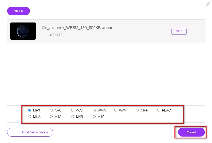 FVC Free Audio Converter с выбранным MP3 и кнопкой Convert