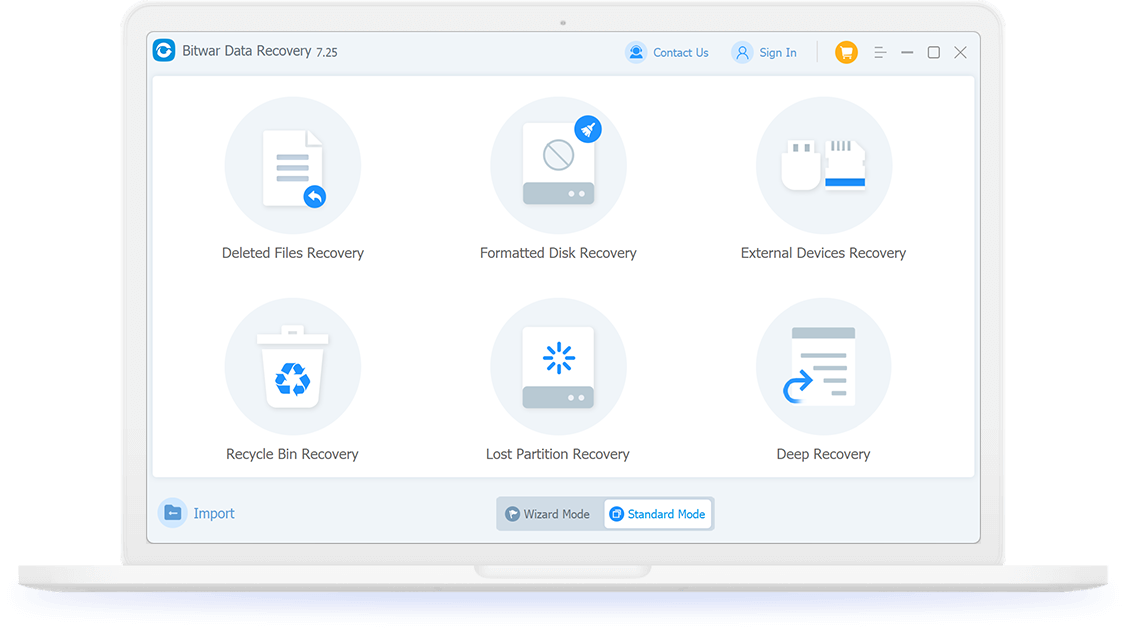 Главное окно Bitwar Data Recovery с шестью сценариями восстановления
