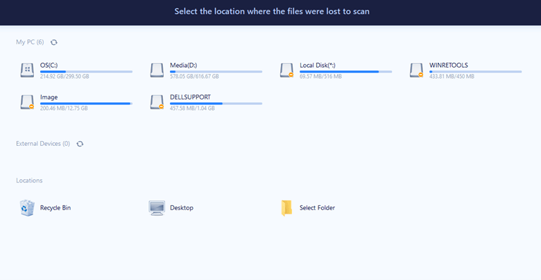 Выбор диска и съёмного носителя в iBeesoft Data Recovery