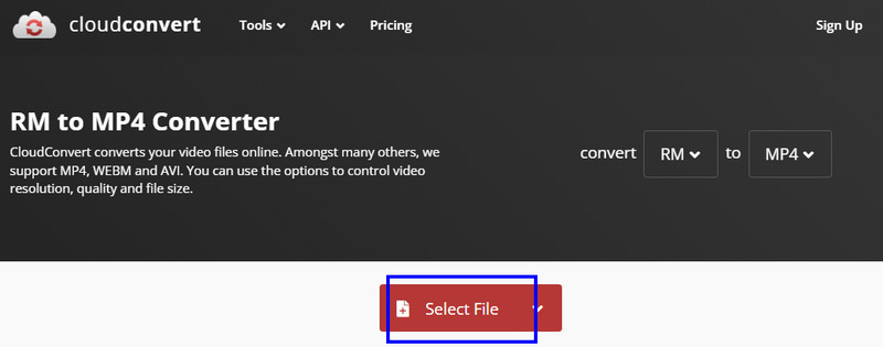 CloudConvert: страница RM to MP4 и кнопка Select File