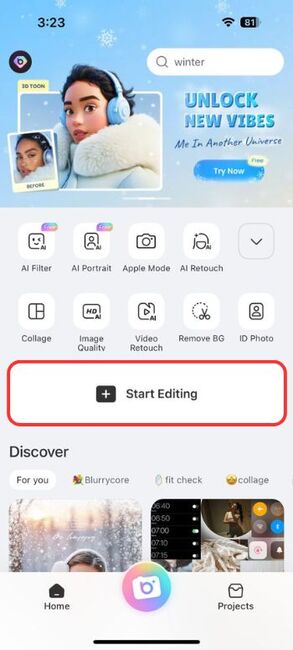 Кнопка Start Editing на главном экране BeautyPlus