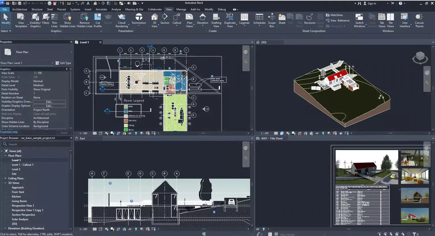 Рабочее пространство Autodesk Revit с планом, 3D-видом, фасадом и листом