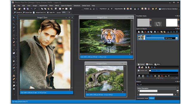 Photo Pos Pro в рабочем режиме с несколькими открытыми изображениями и панелями справа
