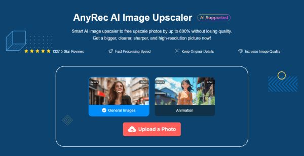 Интерфейс AnyRec AI Image Upscaler с кнопкой загрузки фотографии