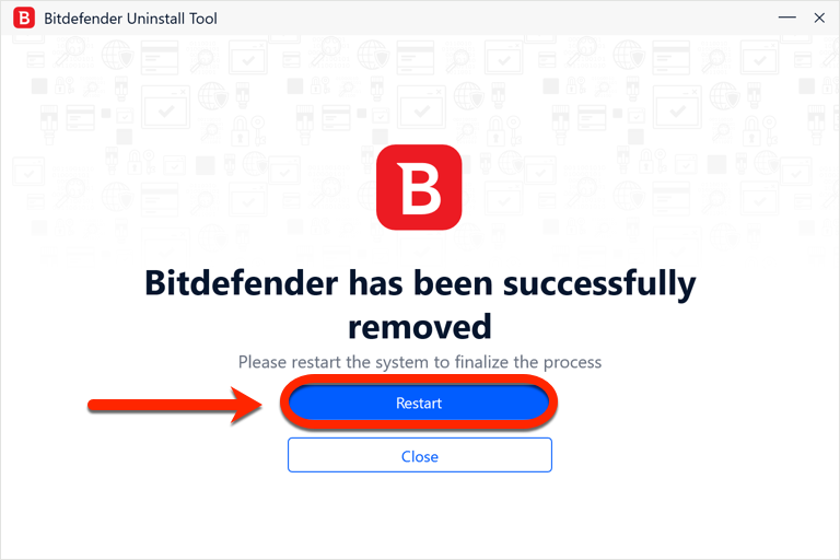 Bitdefender Uninstall Tool после успешного удаления с кнопкой Restart