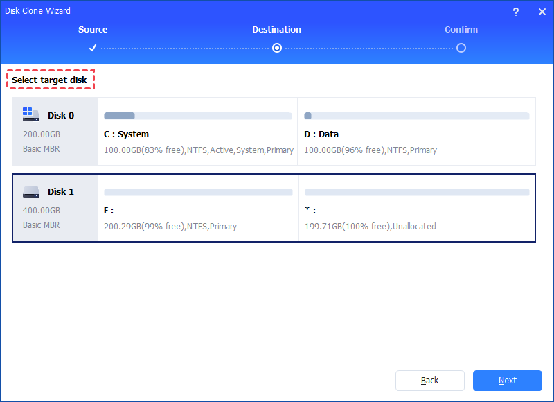 Выбор диска назначения в AOMEI Partition Assistant