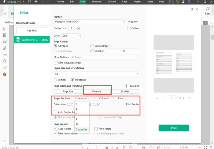 Окно печати SwifDoo PDF с кнопкой Add Files и предпросмотром