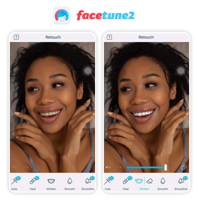 Facetune: инструмент Whiten в разделе Retouch и ползунок силы