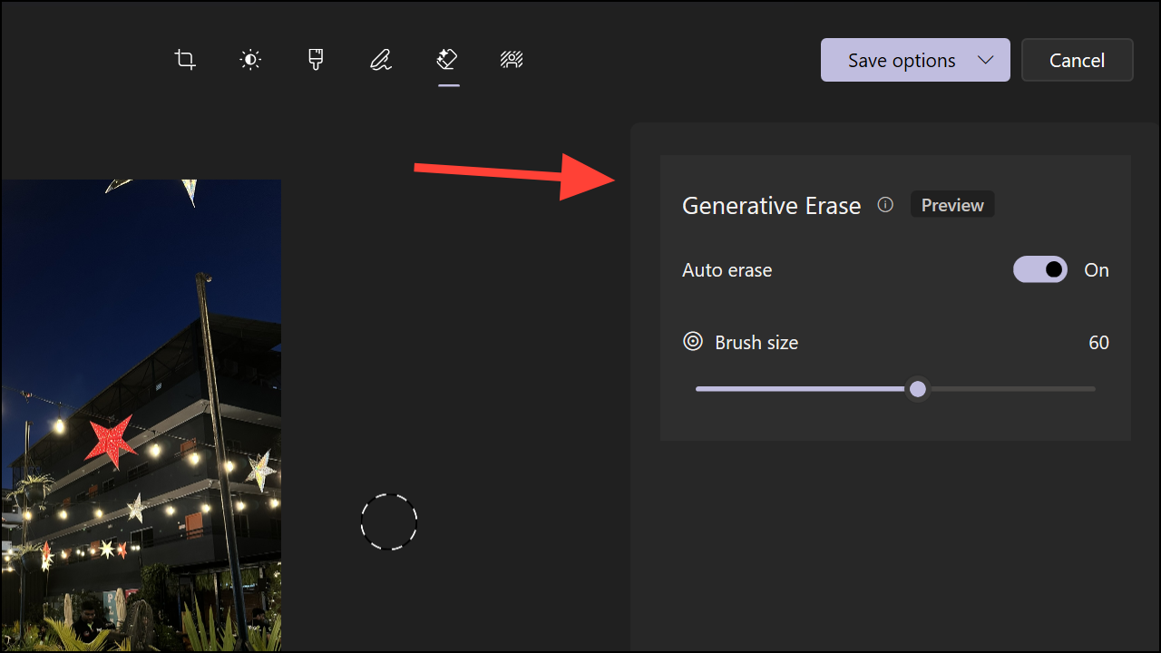 Windows Photos: панель Generative Erase и настройка размера кисти