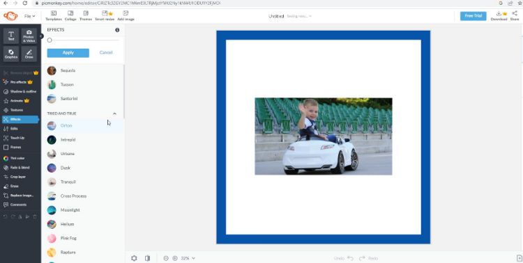 Интерфейс PicMonkey с детской фотографией и панелью эффектов