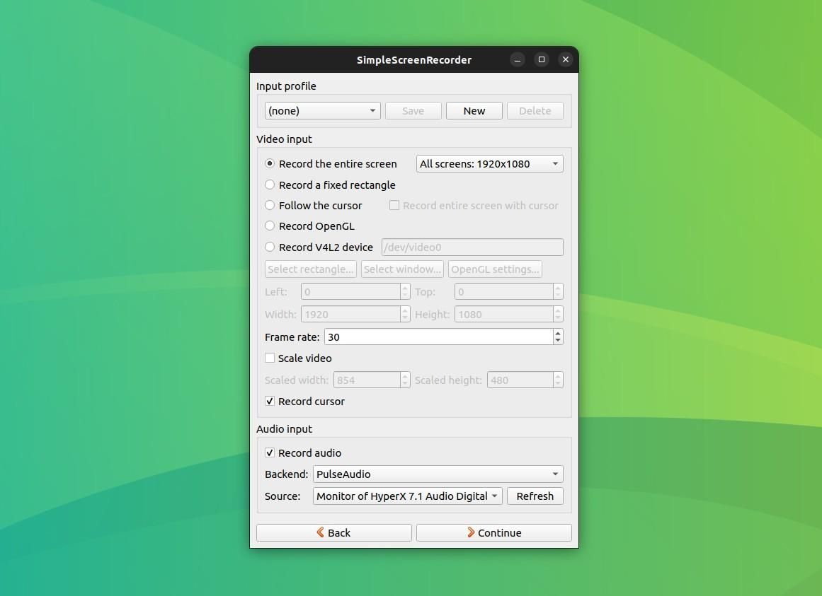 Интерфейс SimpleScreenRecorder: основные настройки записи