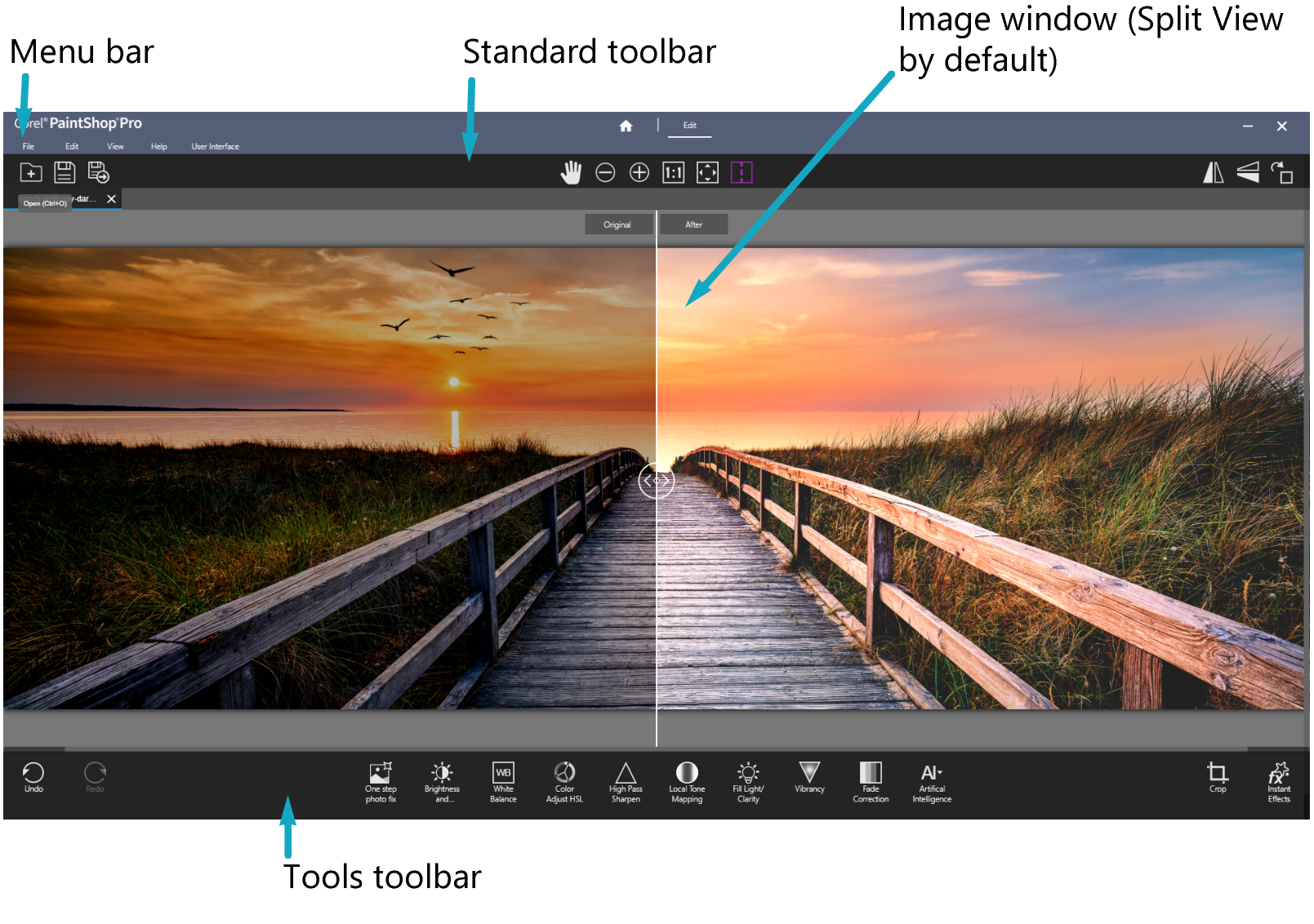 Упрощённое рабочее пространство PaintShop Pro с сравнением до и после