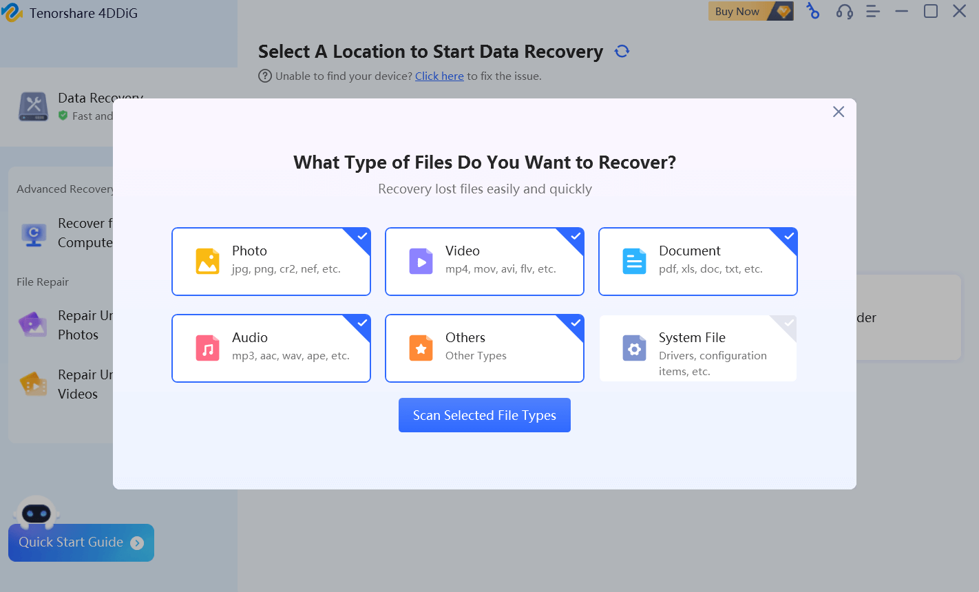 Интерфейс Tenorshare 4DDiG Data Recovery