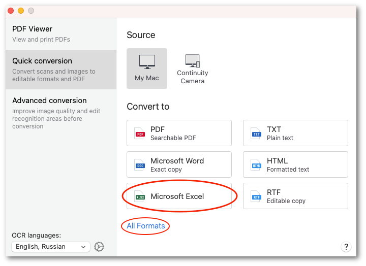 ABBYY FineReader для macOS: Quick conversion и выбор Microsoft Excel