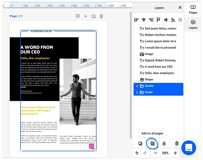 Flipsnack Design Studio: страница flipbook и панель Layers