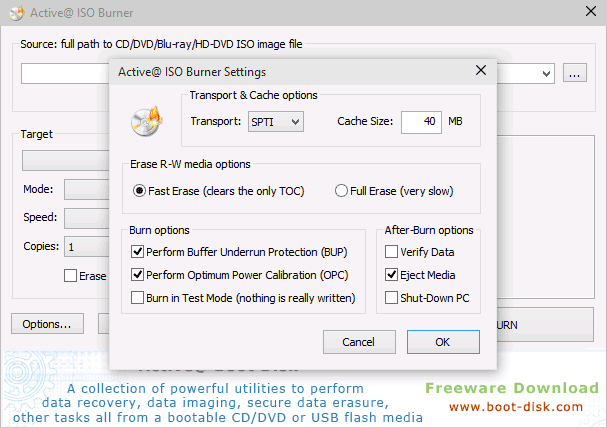 Параметры записи ISO в Active ISO Burner