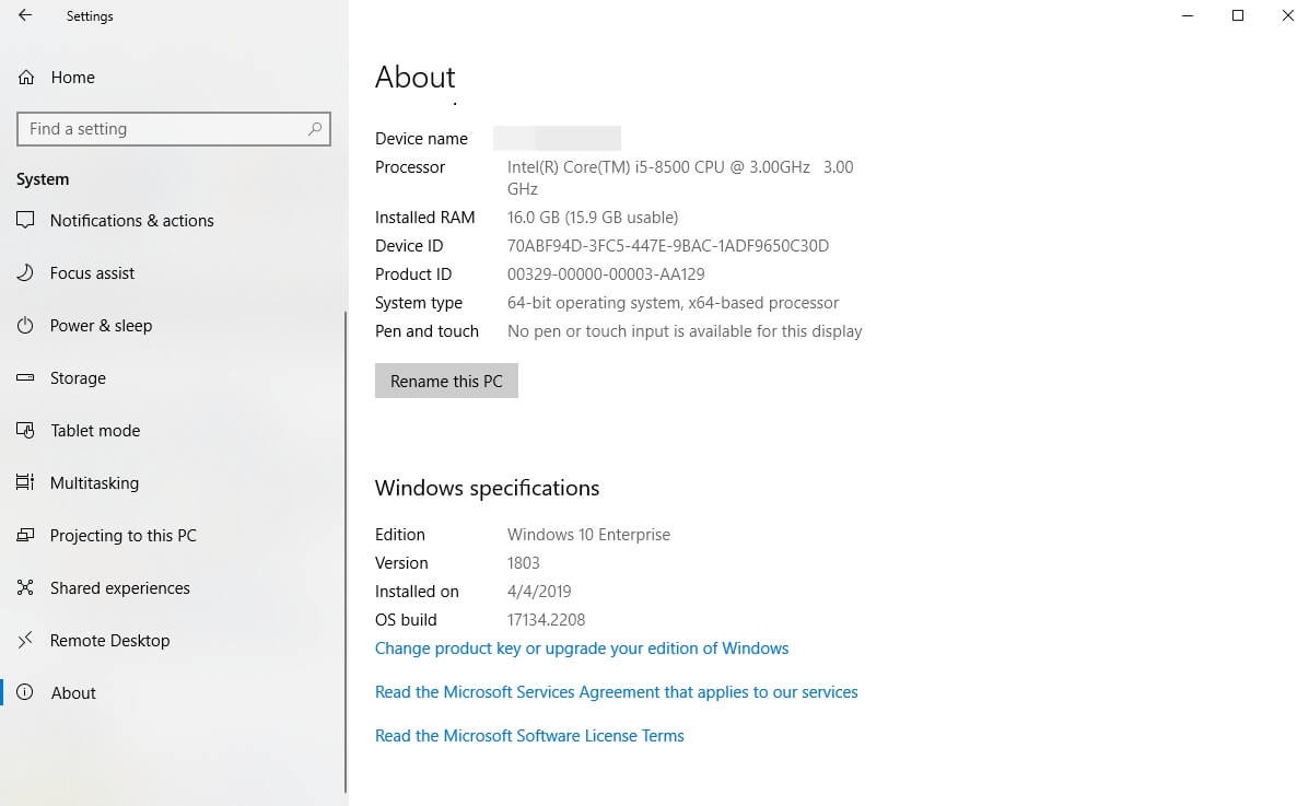 Раздел Windows с характеристиками процессора и оперативной памяти