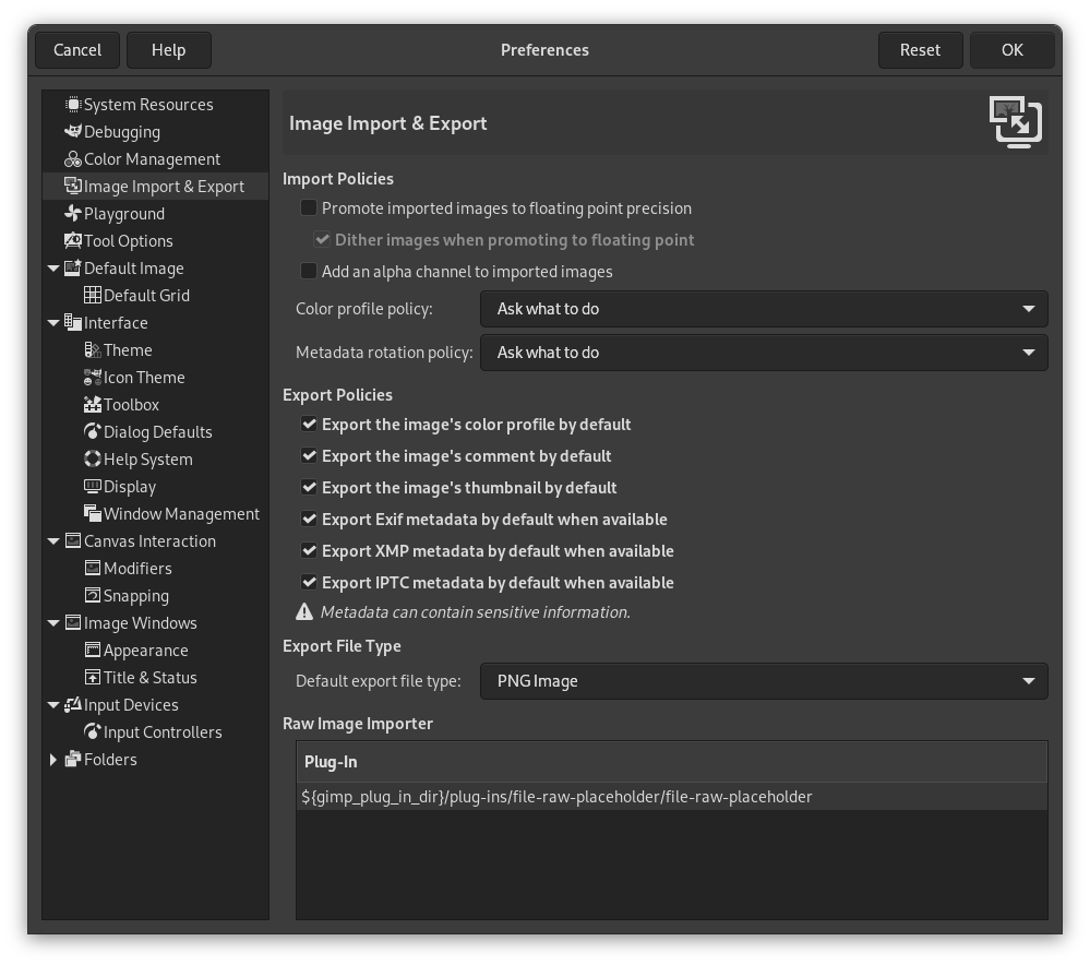 Параметры импорта и экспорта изображений в GIMP