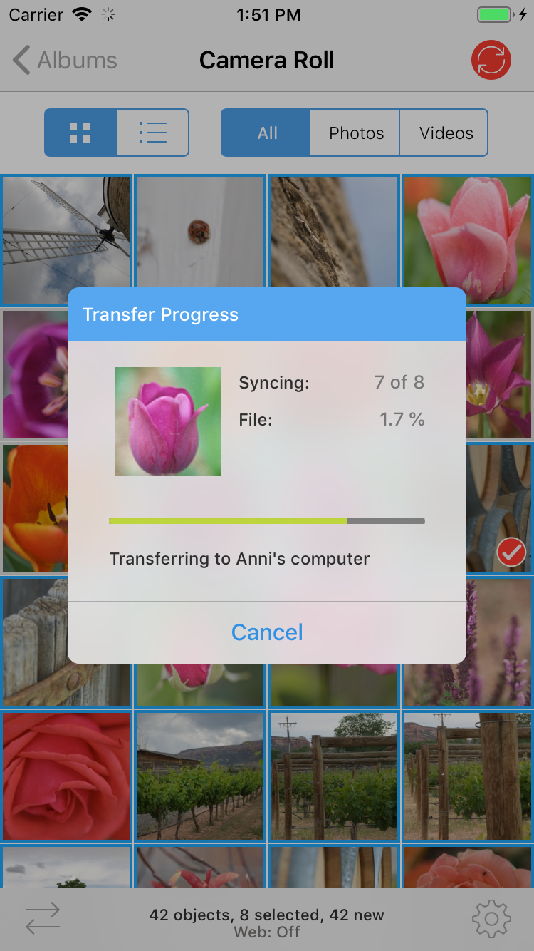 Окно прогресса передачи PhotoSync