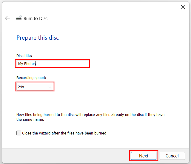 Финальное окно Burn to Disc в Windows 11 с названием диска и скоростью записи