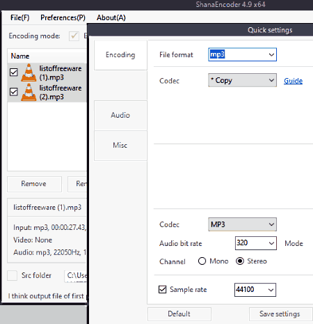 ShanaEncoder: Quick settings с Audio bit rate