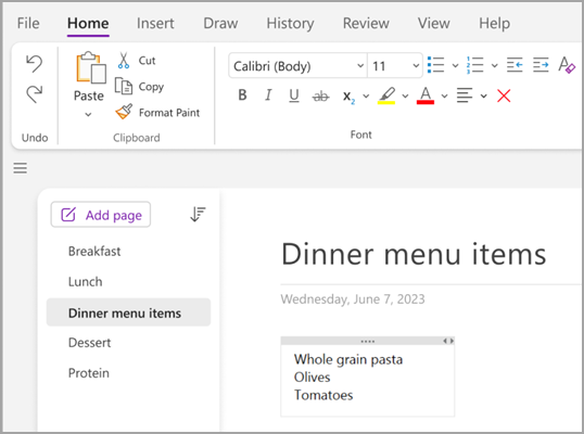 Создание страницы и ввод текста в OneNote