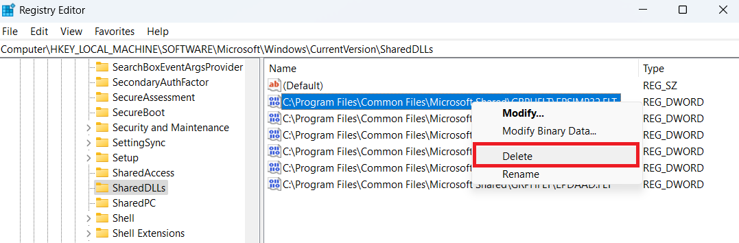 Удаление подтверждённого значения в редакторе реестра Windows 11