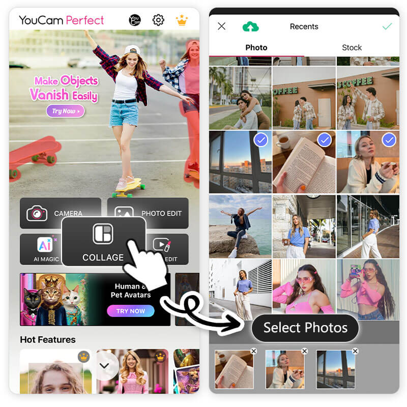 Выбор фотографий для коллажа в YouCam Perfect