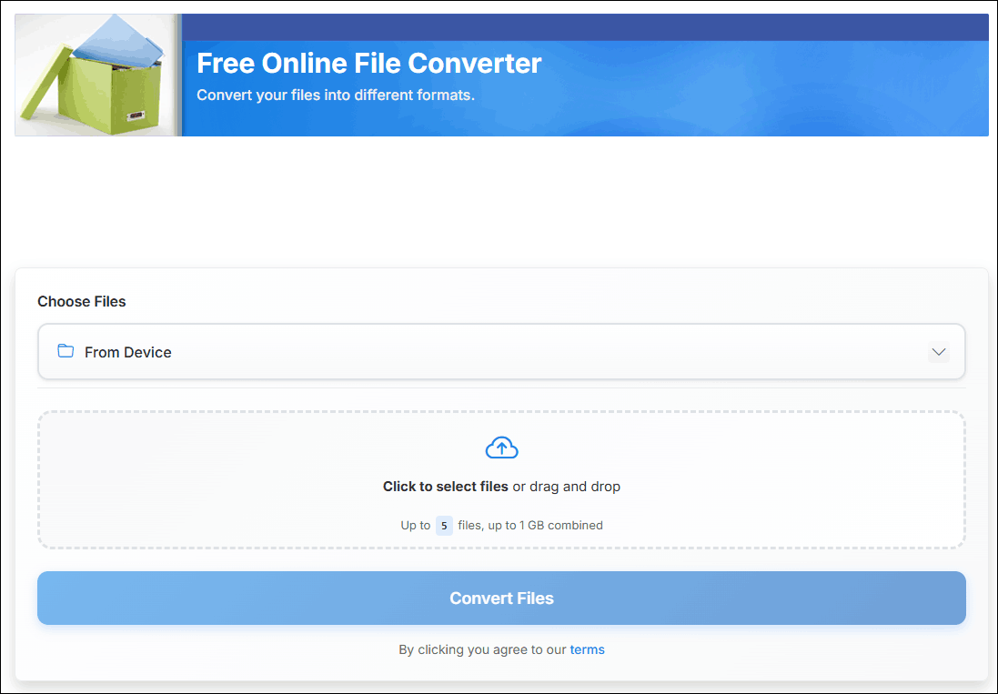 Интерфейс FreeFileConvert с загрузкой исходного файла и выбором формата