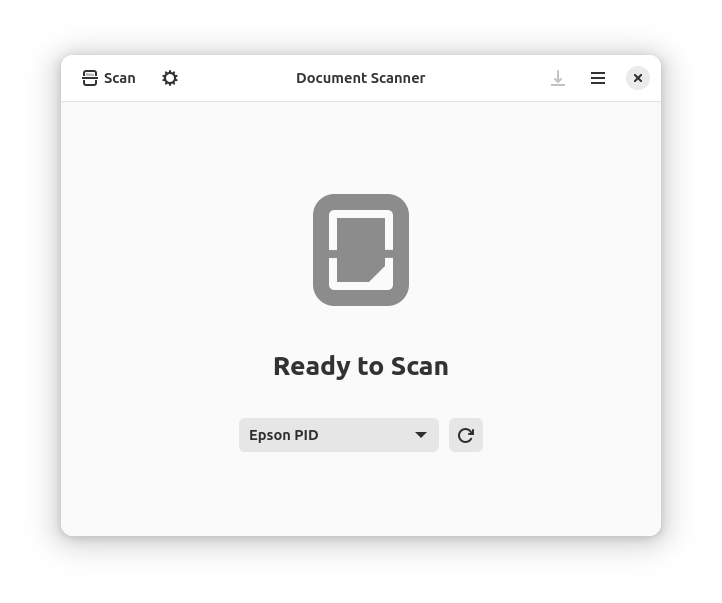 GNOME Document Scanner готов к сканированию и показывает выбранное устройство