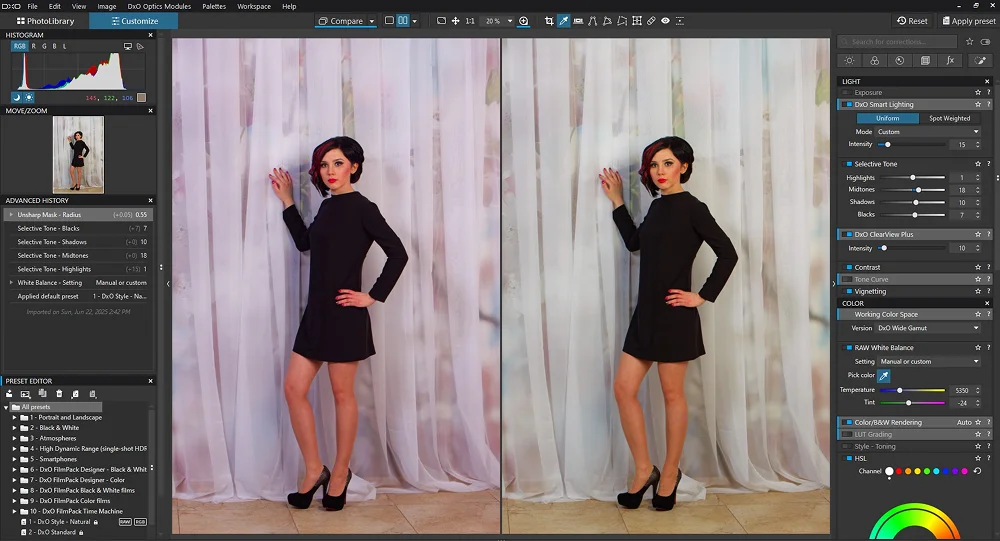 Панели коррекции RAW в DxO PhotoLab