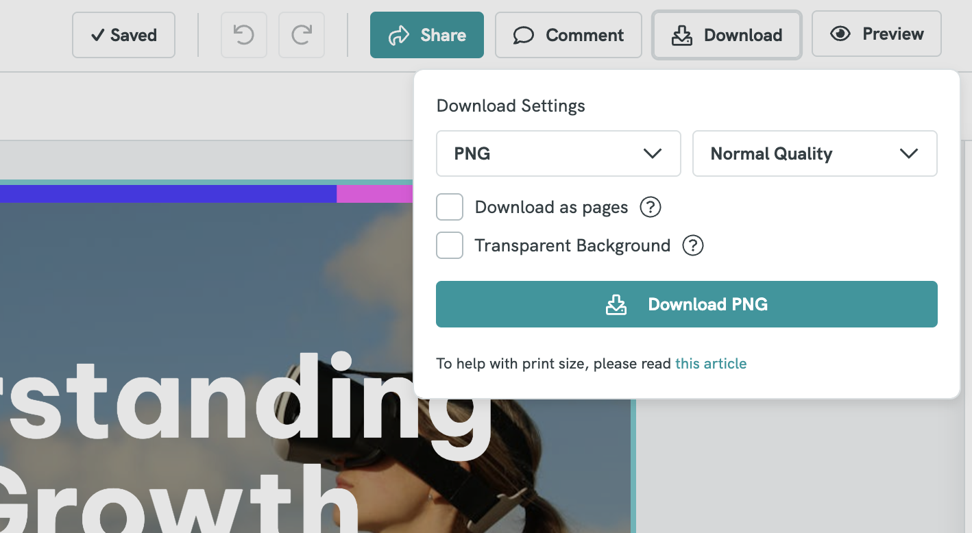 Окно Download Settings в Piktochart с выбором PNG, Normal Quality и кнопкой Download PNG