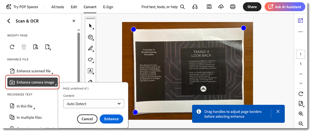 Интерфейс Adobe Acrobat Scan and OCR при подготовке сканированного PDF