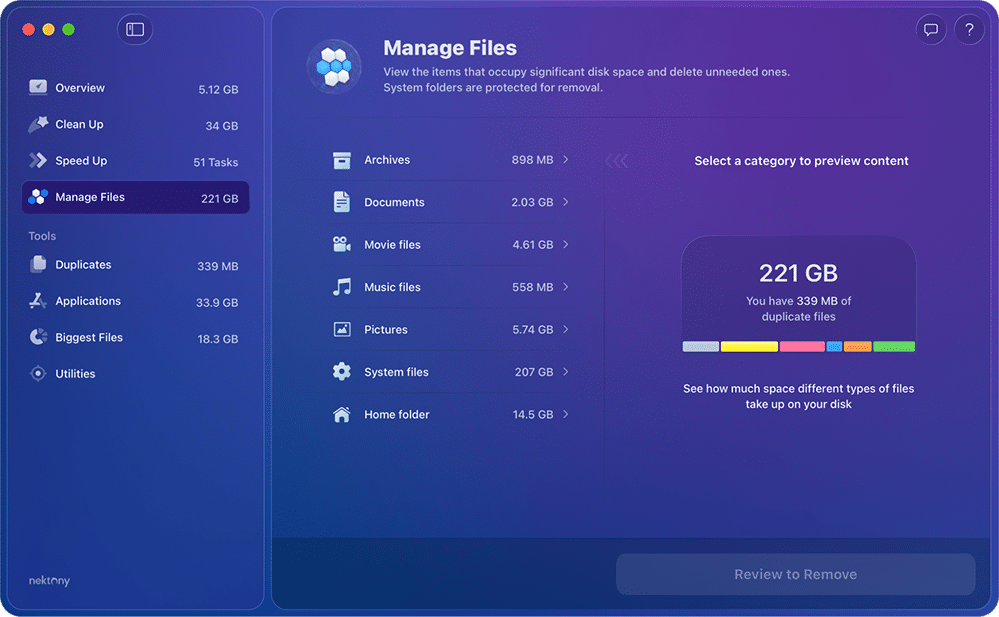 Раздел Manage Files в MacCleaner Pro для просмотра архивов, документов, видео, музыки, изображений, системных файлов и домашней папки