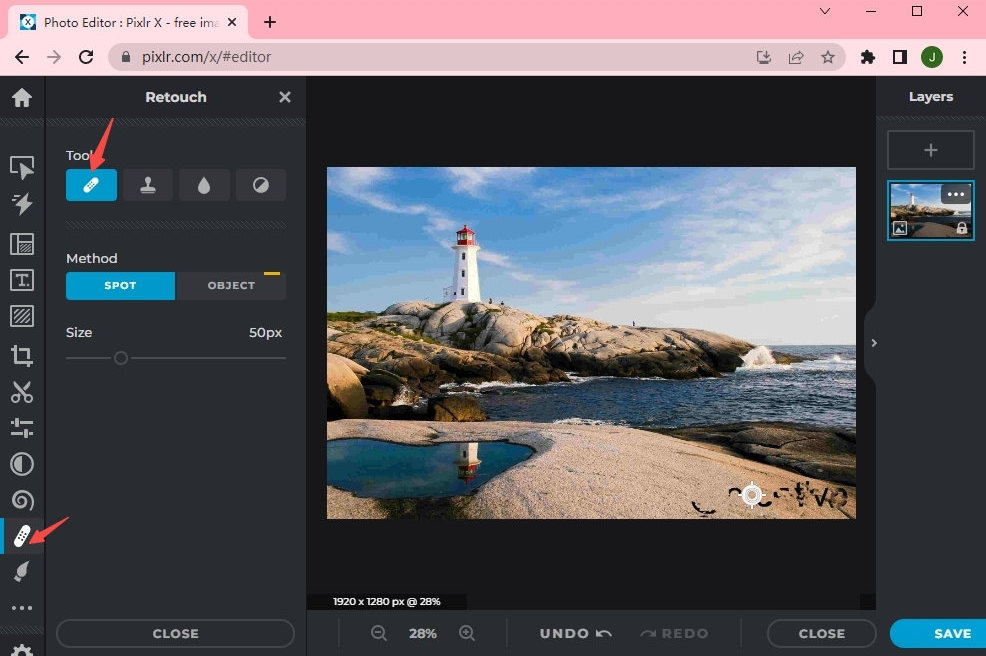 Интерфейс Pixlr с инструментами ретуши