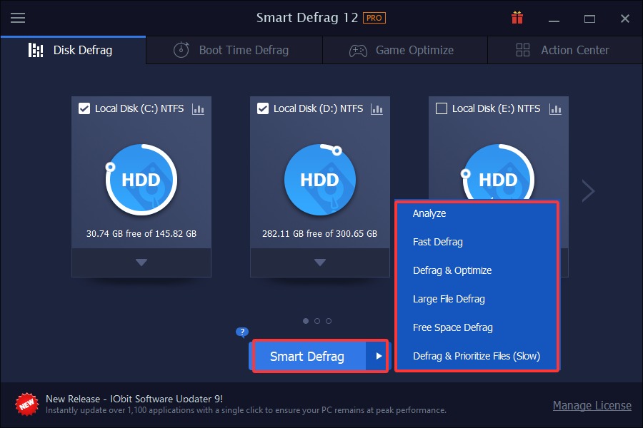 Меню режимов дефрагментации HDD в Smart Defrag